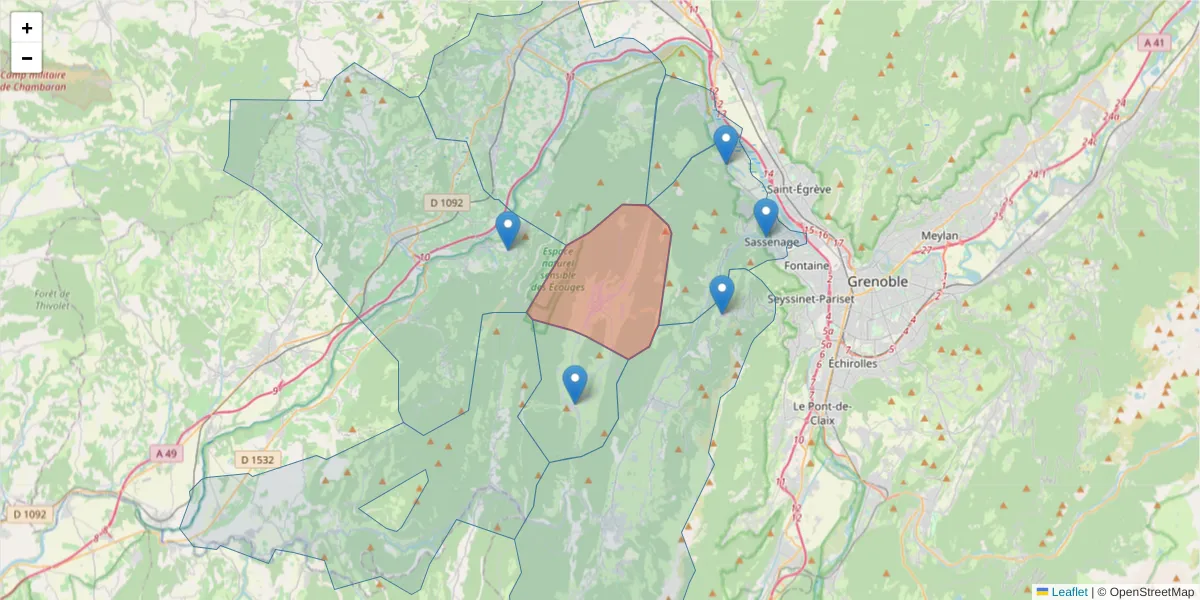 Carte de la zone du code postal  et des codes postaux voisins en France