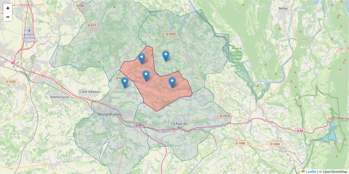 Carte de la zone du code postal  et des codes postaux voisins en France