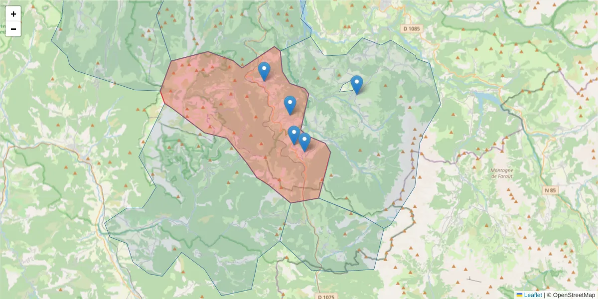 Carte de la zone du code postal  et des codes postaux voisins en France