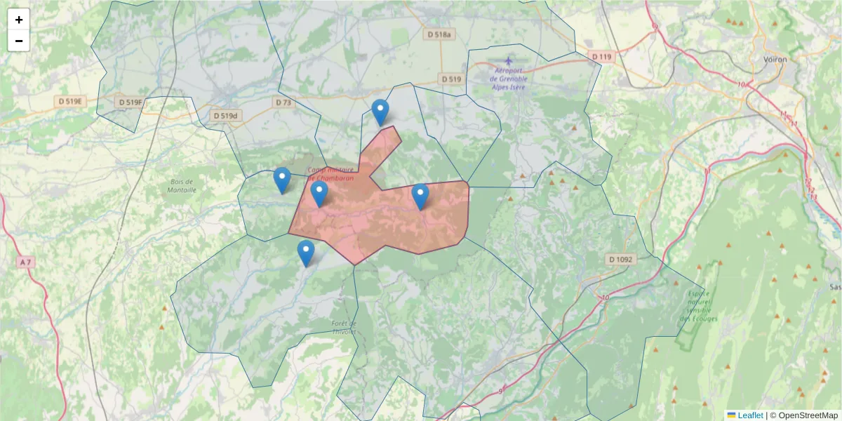 Carte de la zone du code postal  et des codes postaux voisins en France