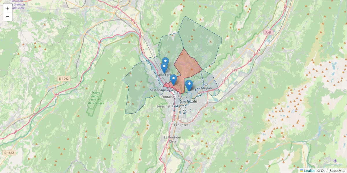 Carte de la zone du code postal  et des codes postaux voisins en France