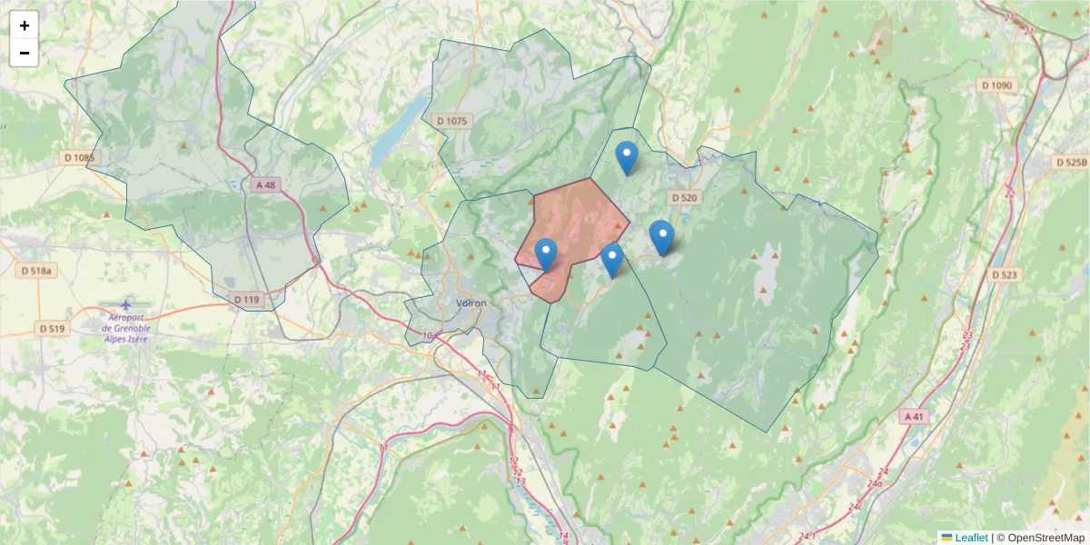 Carte de la zone du code postal  et des codes postaux voisins en France