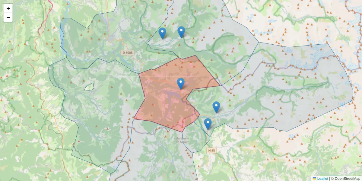 Carte de la zone du code postal  et des codes postaux voisins en France