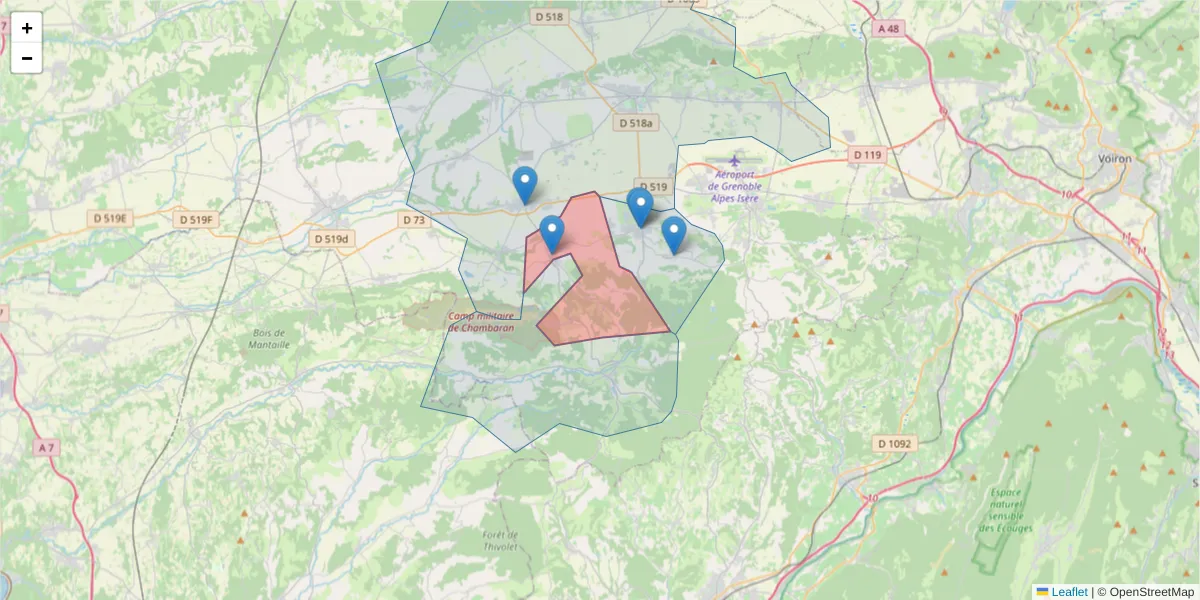 Carte de la zone du code postal  et des codes postaux voisins en France