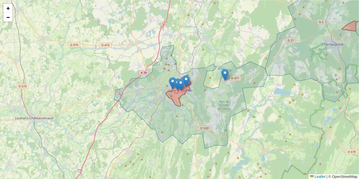 Carte de la zone du code postal  et des codes postaux voisins en France