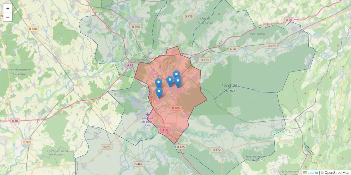 Carte de la zone du code postal  et des codes postaux voisins en France