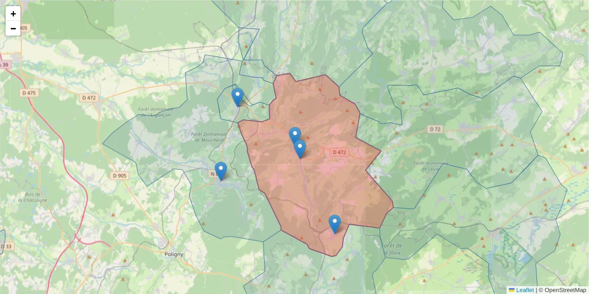 Carte de la zone du code postal  et des codes postaux voisins en France