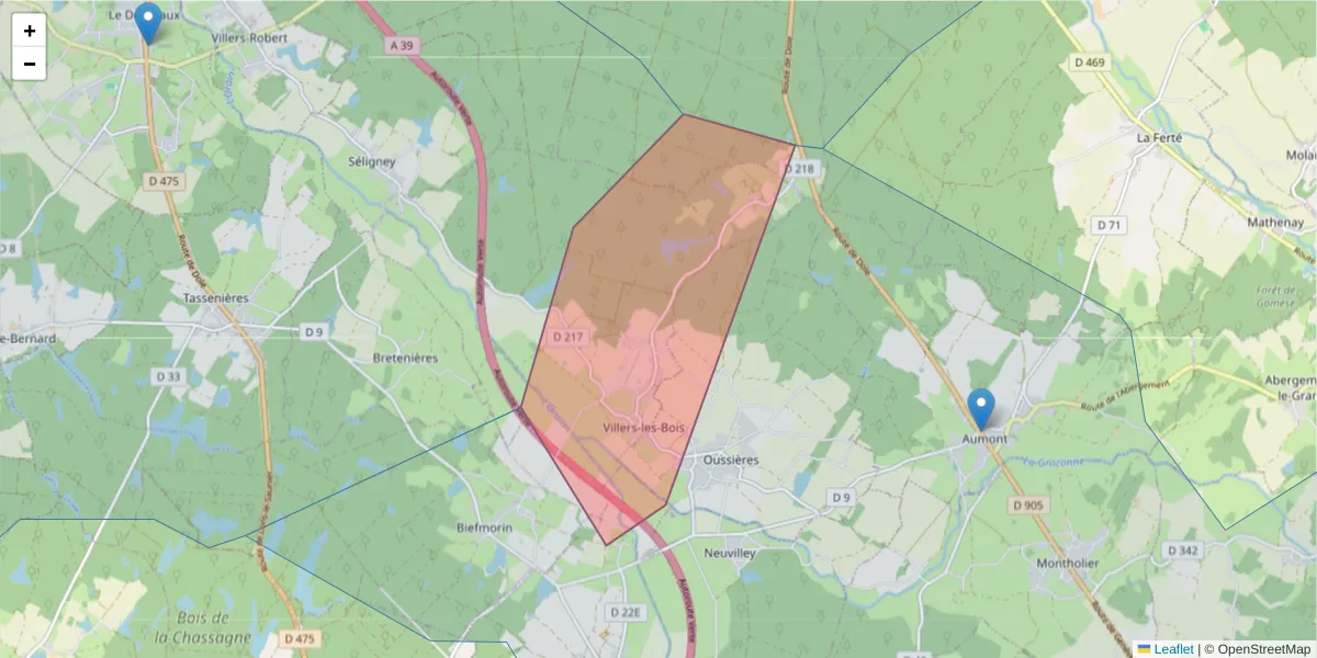 Carte de la zone du code postal  et des codes postaux voisins en France