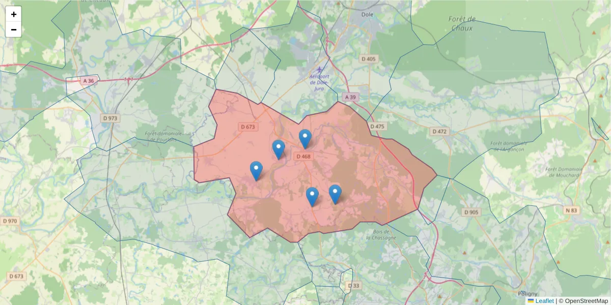 Carte de la zone du code postal  et des codes postaux voisins en France
