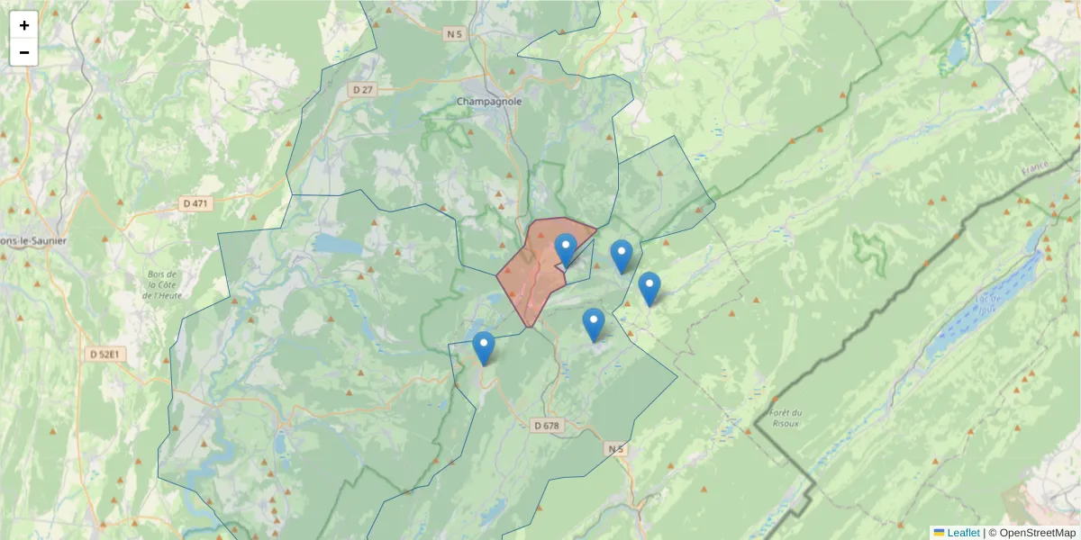 Carte de la zone du code postal  et des codes postaux voisins en France