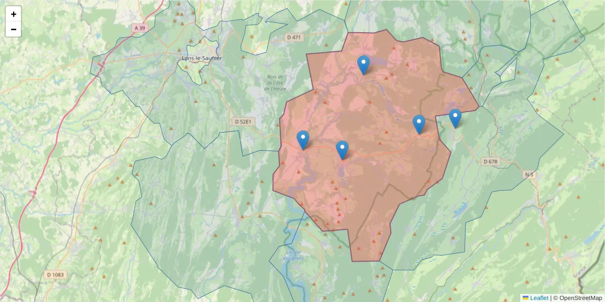 Carte de la zone du code postal  et des codes postaux voisins en France