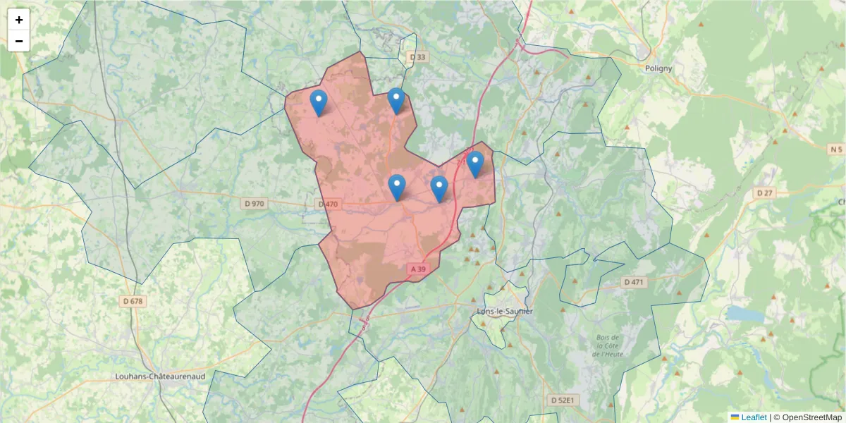 Carte de la zone du code postal  et des codes postaux voisins en France
