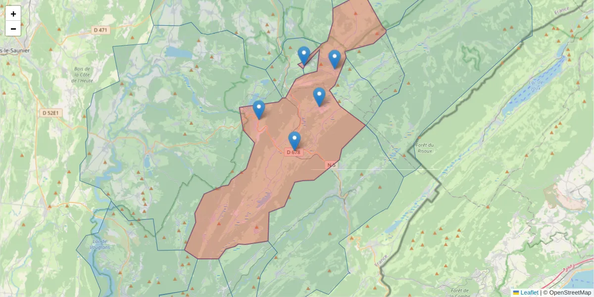 Carte de la zone du code postal  et des codes postaux voisins en France