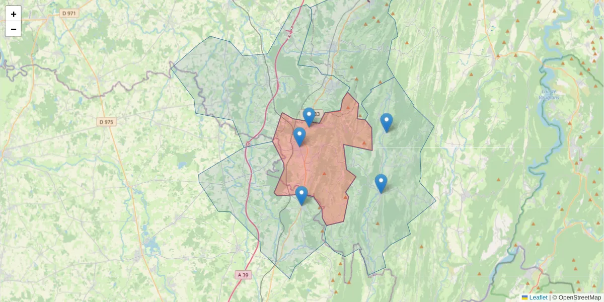 Carte de la zone du code postal  et des codes postaux voisins en France