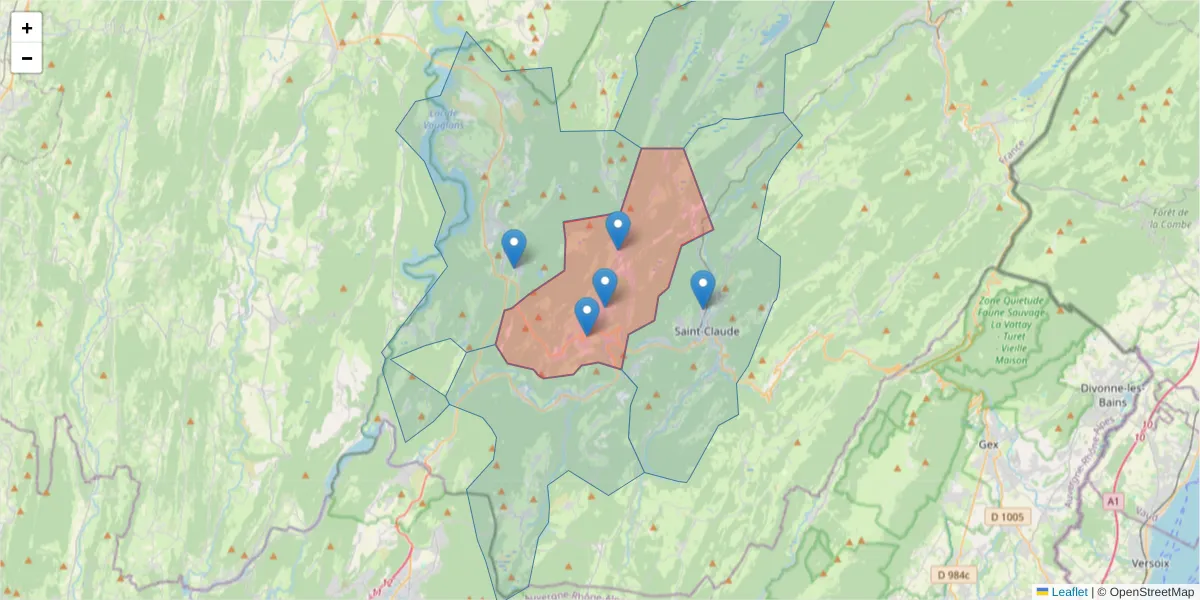 Carte de la zone du code postal  et des codes postaux voisins en France