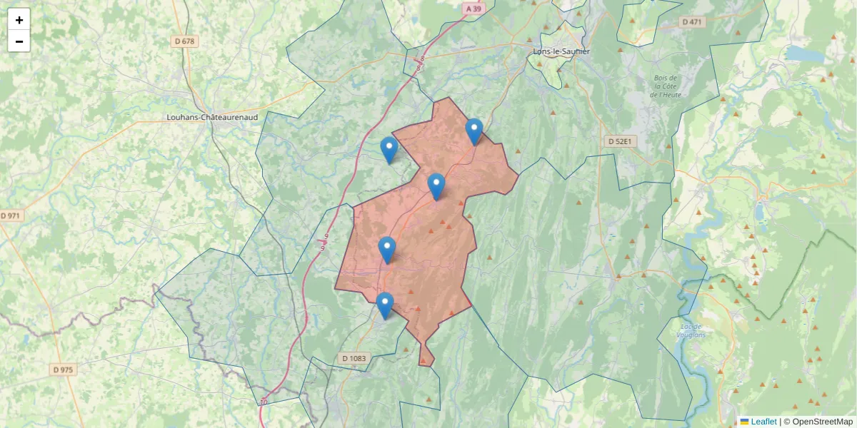 Carte de la zone du code postal  et des codes postaux voisins en France