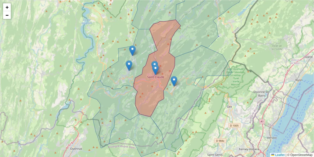Carte de la zone du code postal  et des codes postaux voisins en France