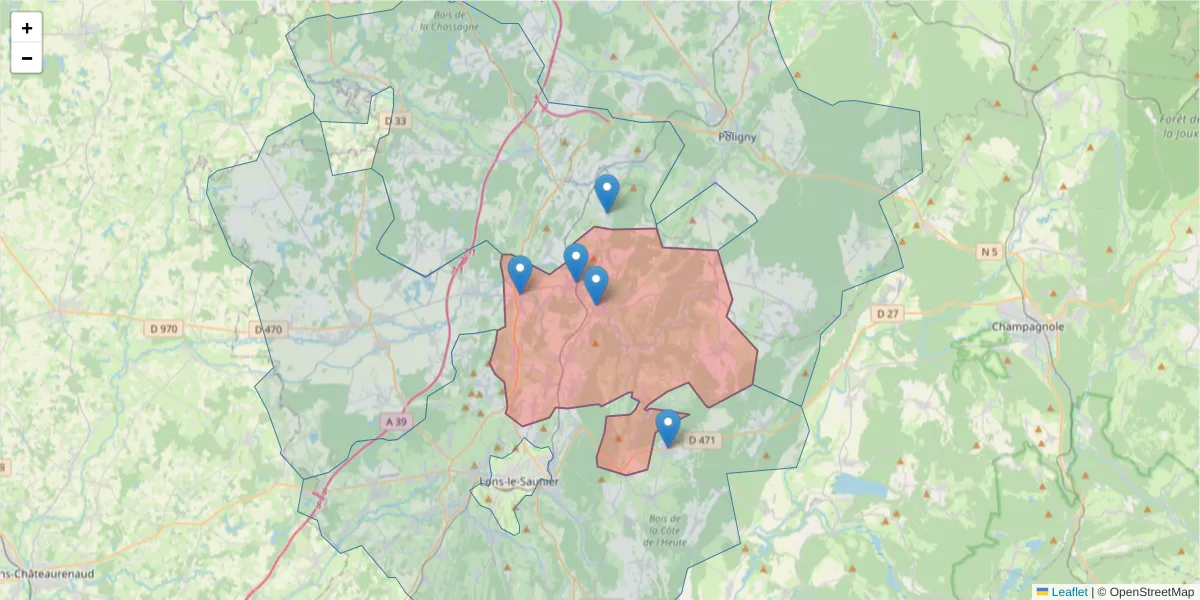 Carte de la zone du code postal  et des codes postaux voisins en France