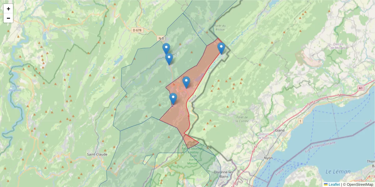 Carte de la zone du code postal  et des codes postaux voisins en France