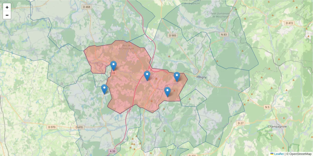 Carte de la zone du code postal  et des codes postaux voisins en France