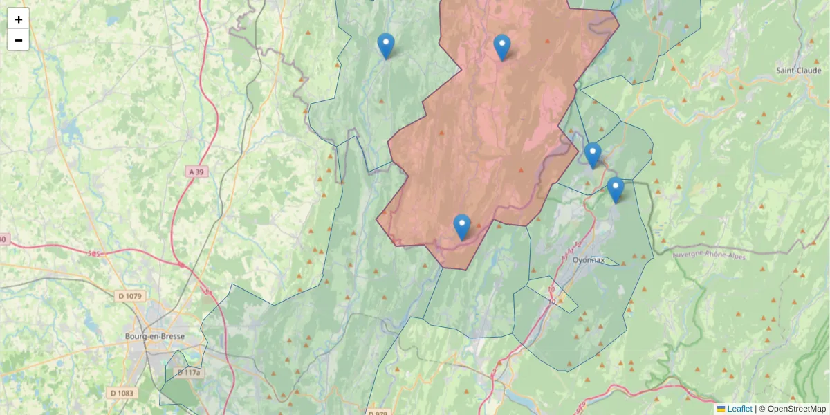 Carte de la zone du code postal  et des codes postaux voisins en France