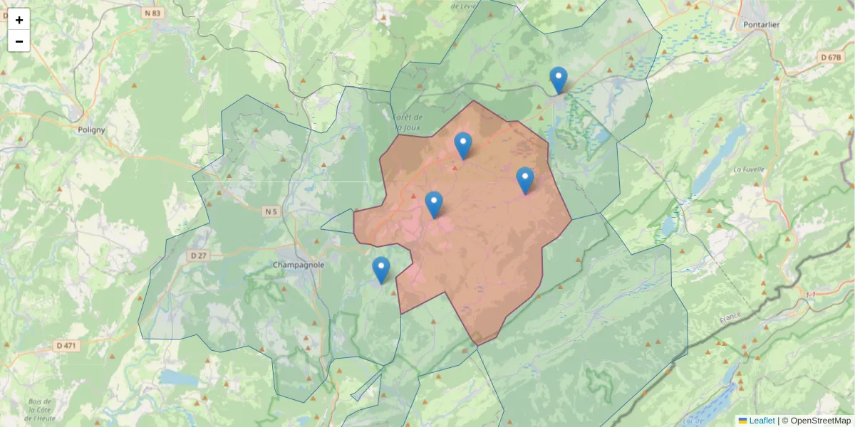 Carte de la zone du code postal  et des codes postaux voisins en France