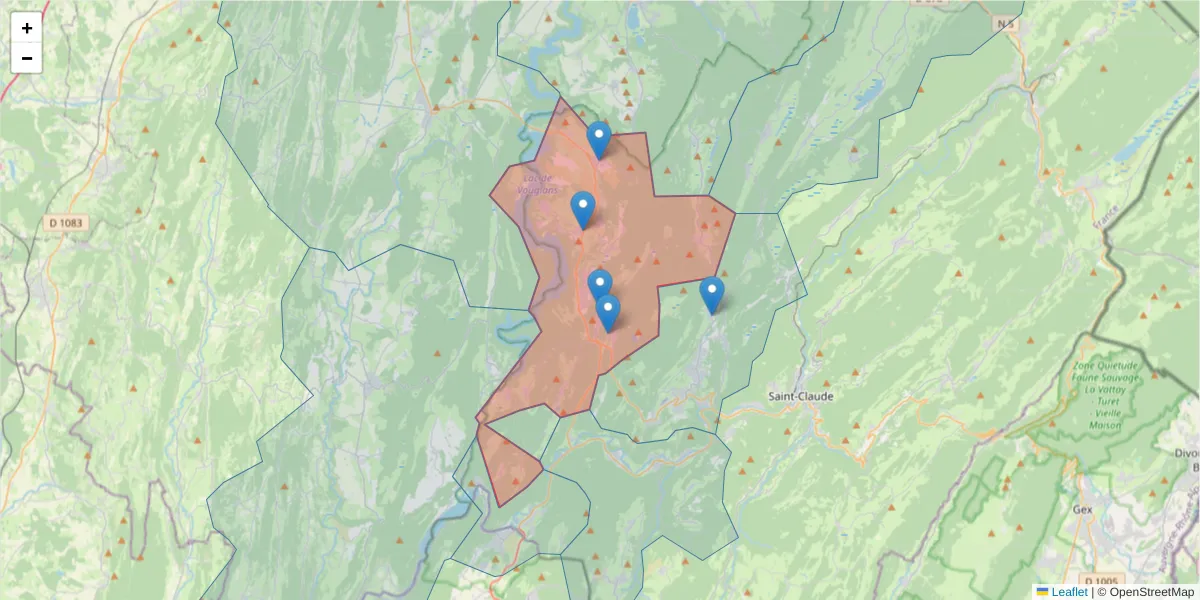 Carte de la zone du code postal  et des codes postaux voisins en France