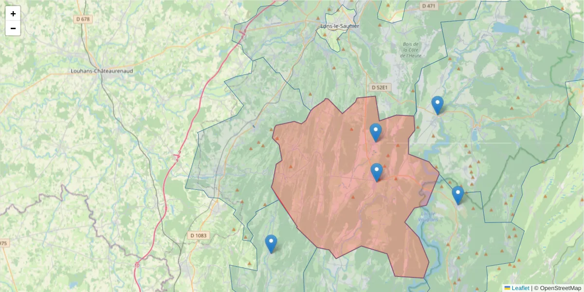 Carte de la zone du code postal  et des codes postaux voisins en France