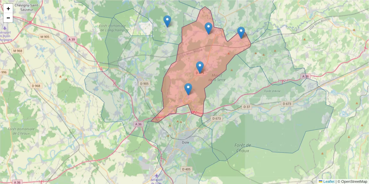 Carte de la zone du code postal  et des codes postaux voisins en France