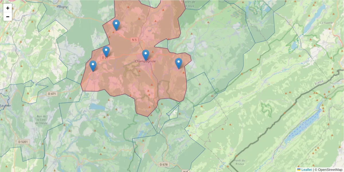 Carte de la zone du code postal  et des codes postaux voisins en France