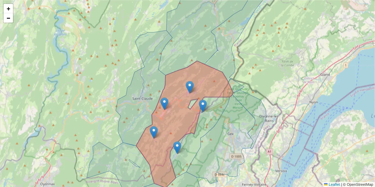 Carte de la zone du code postal  et des codes postaux voisins en France