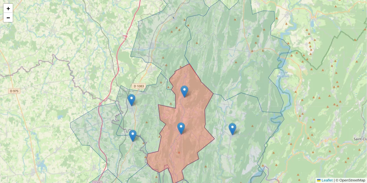 Carte de la zone du code postal  et des codes postaux voisins en France