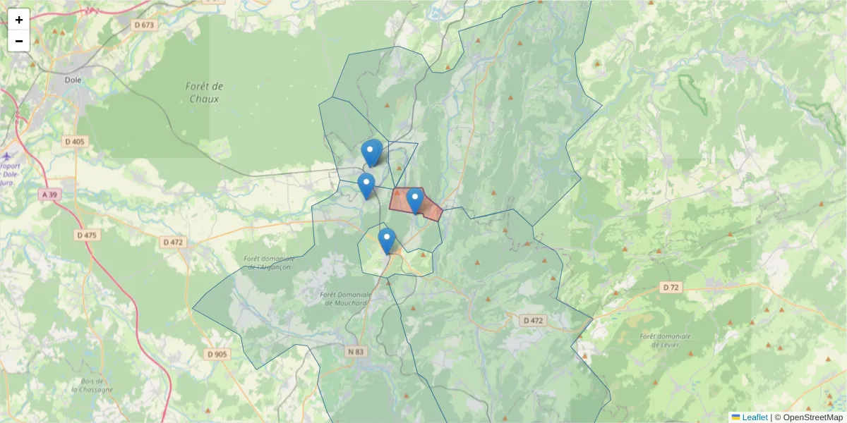 Carte de la zone du code postal  et des codes postaux voisins en France
