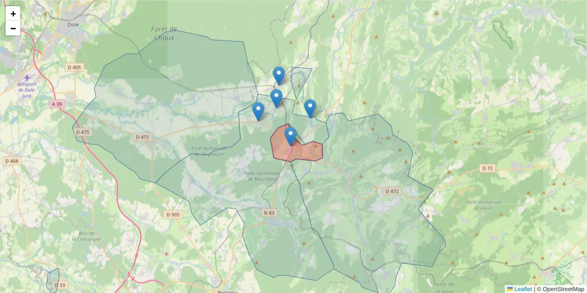 Carte de la zone du code postal  et des codes postaux voisins en France