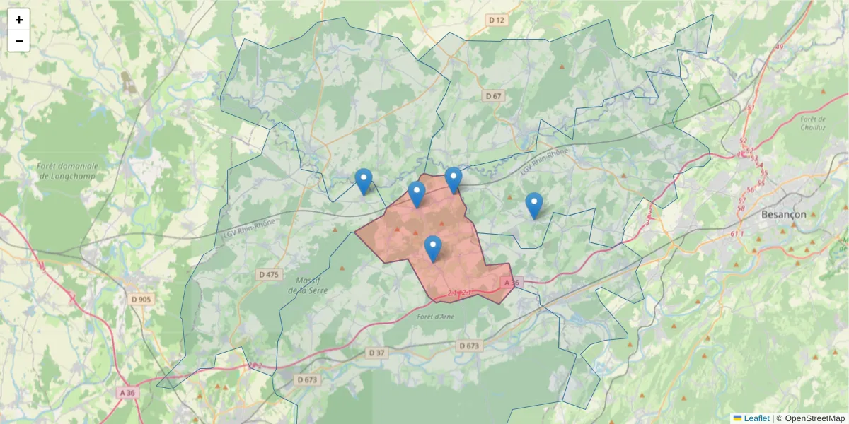 Carte de la zone du code postal  et des codes postaux voisins en France