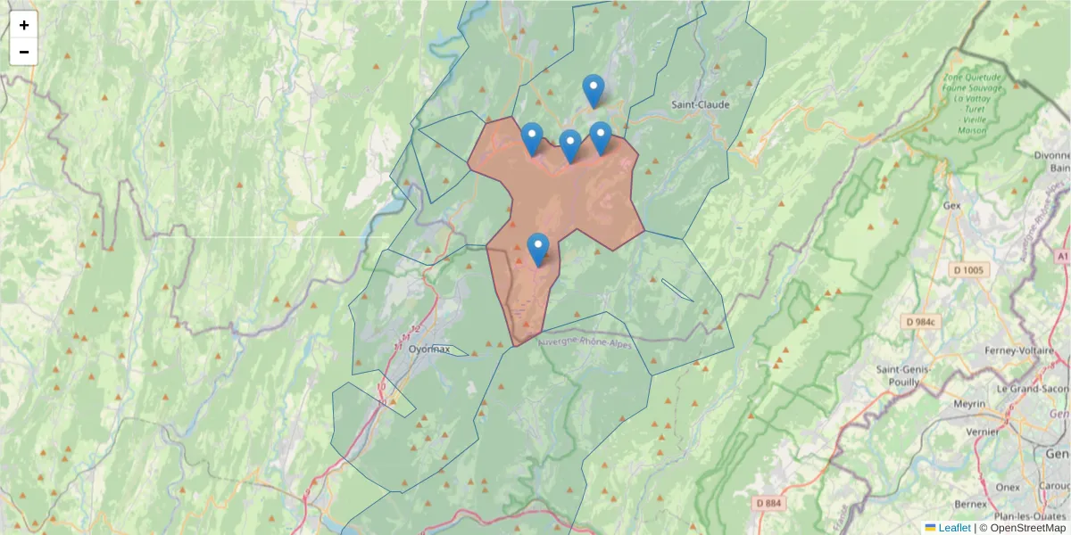 Carte de la zone du code postal  et des codes postaux voisins en France