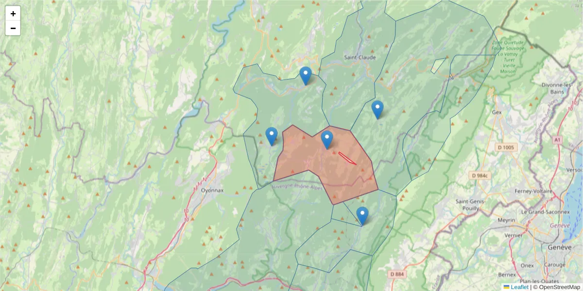 Carte de la zone du code postal  et des codes postaux voisins en France