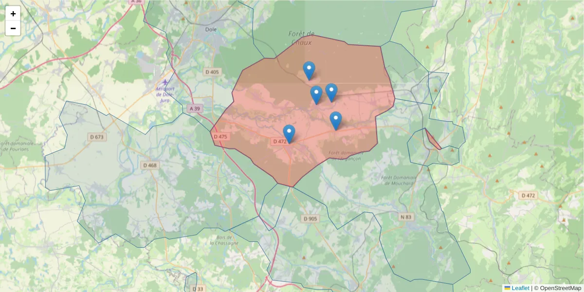 Carte de la zone du code postal  et des codes postaux voisins en France
