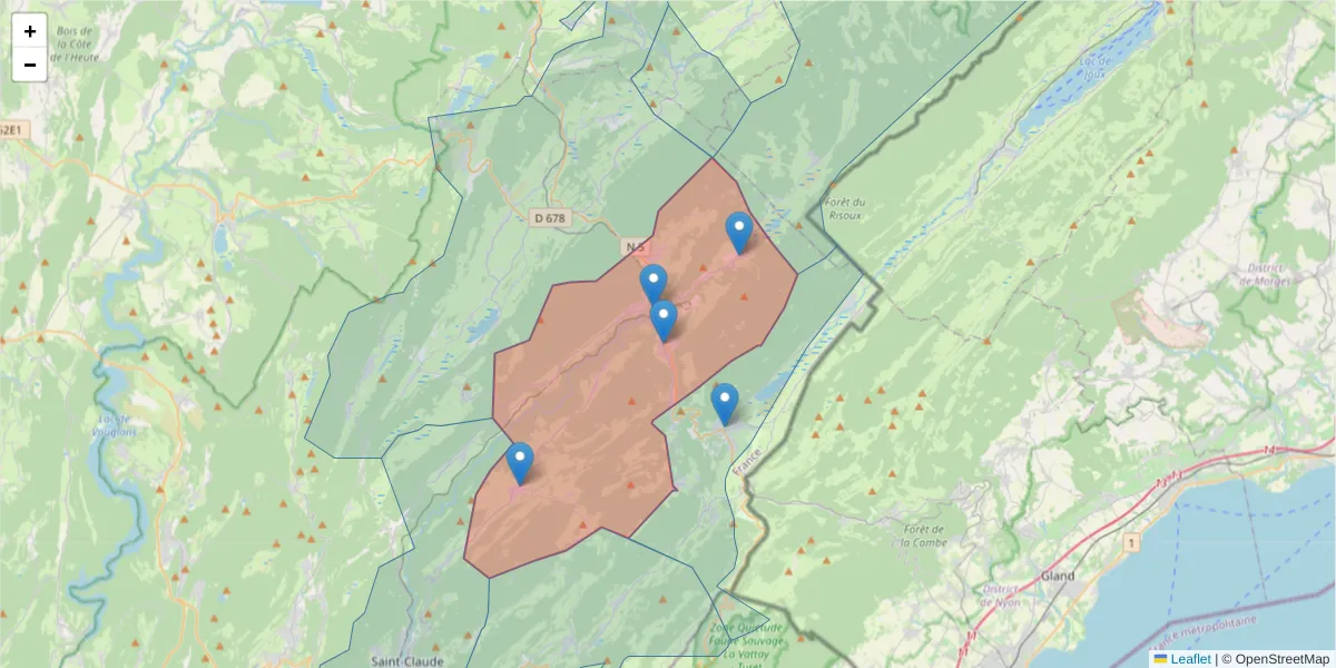 Carte de la zone du code postal  et des codes postaux voisins en France