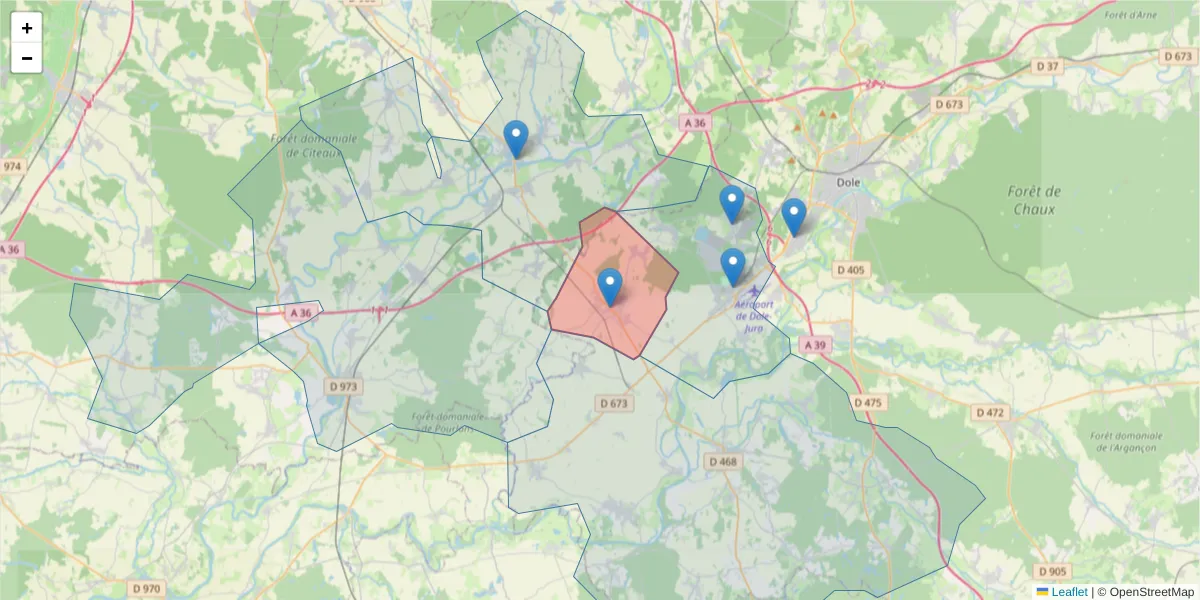 Carte de la zone du code postal  et des codes postaux voisins en France