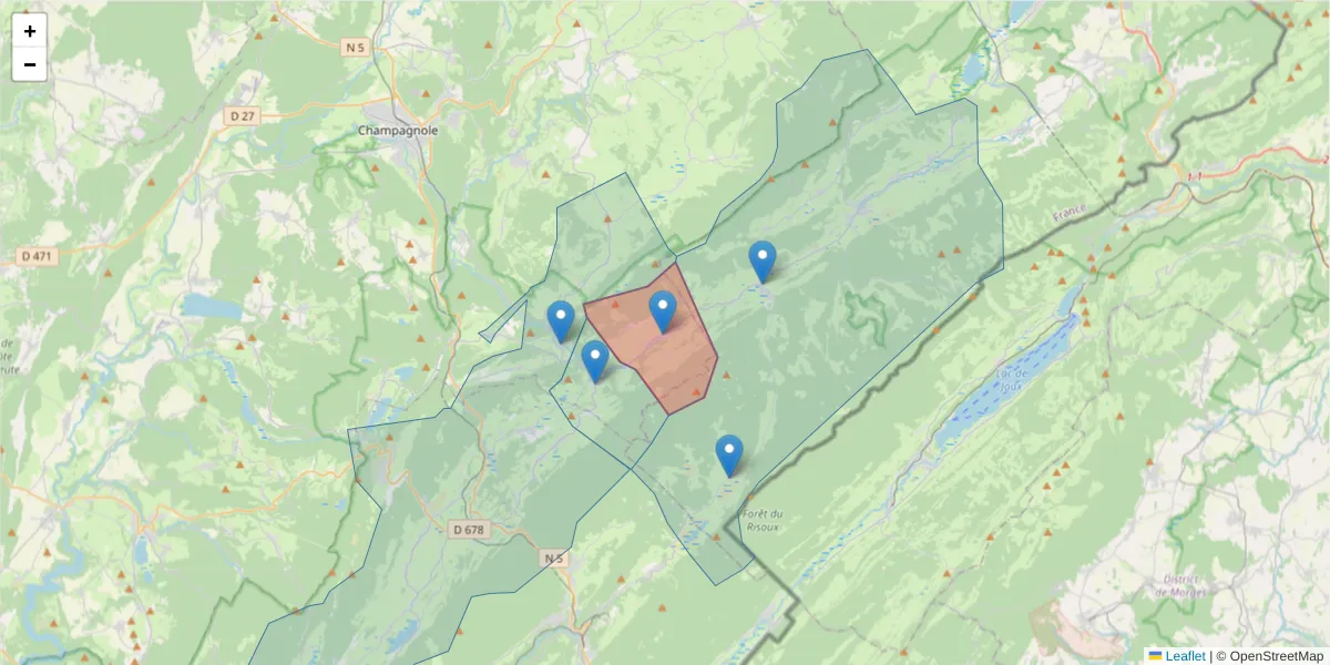 Carte de la zone du code postal  et des codes postaux voisins en France