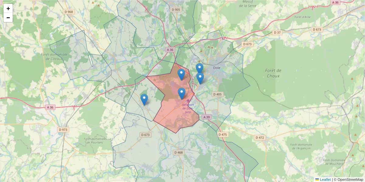 Carte de la zone du code postal  et des codes postaux voisins en France
