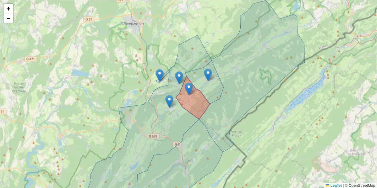 Carte de la zone du code postal  et des codes postaux voisins en France