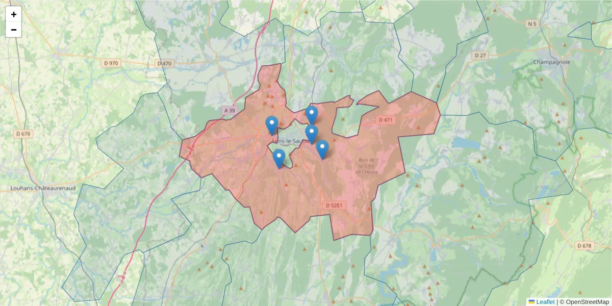 Carte de la zone du code postal  et des codes postaux voisins en France