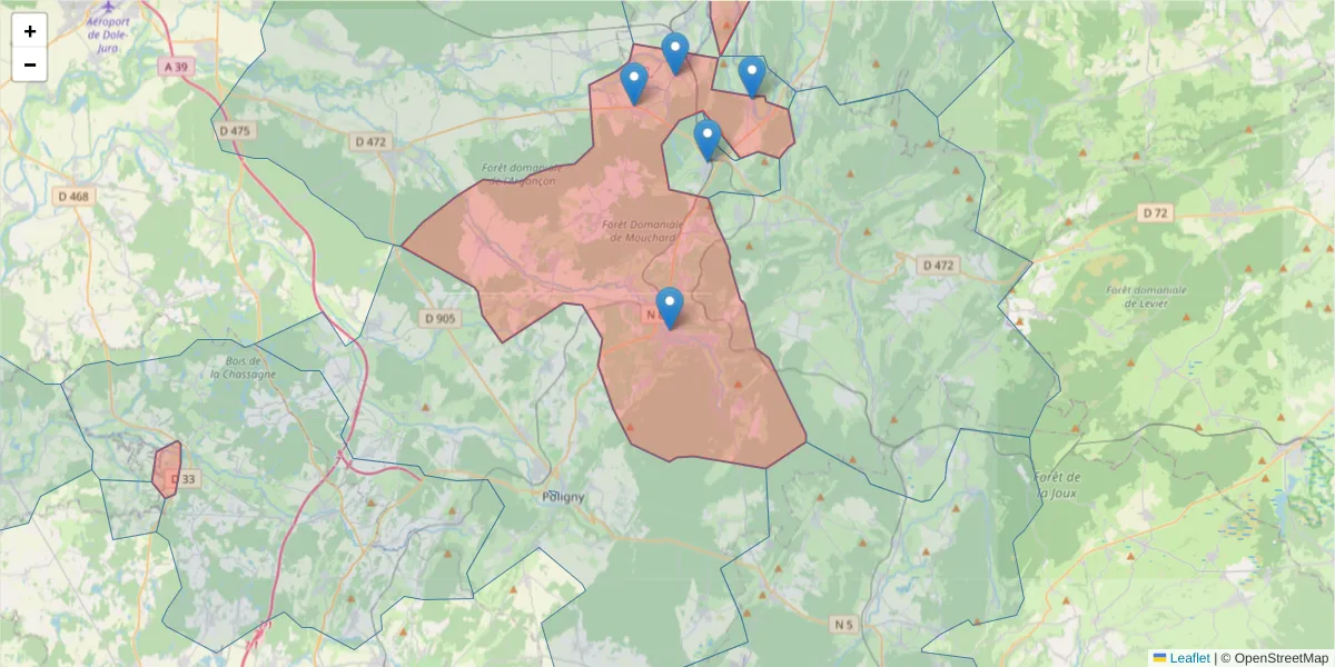 Carte de la zone du code postal  et des codes postaux voisins en France