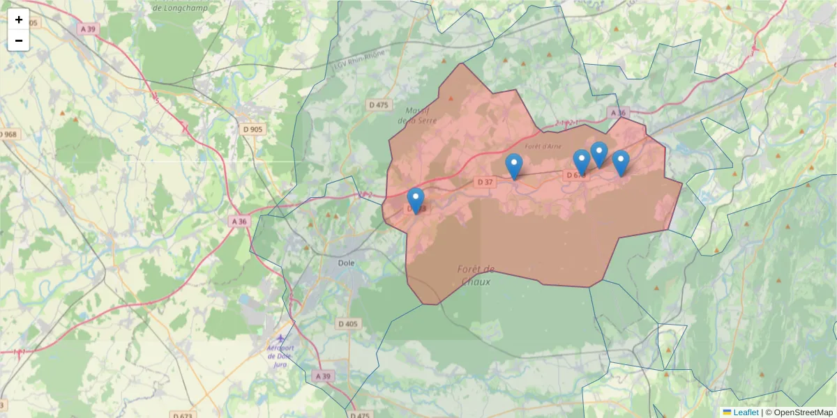 Carte de la zone du code postal  et des codes postaux voisins en France