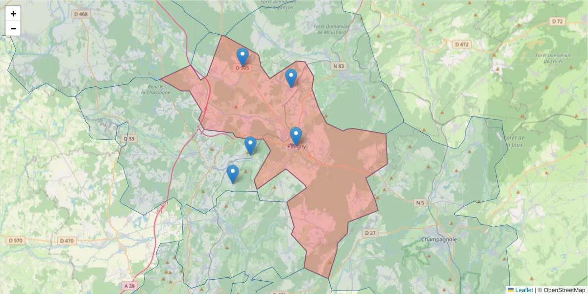 Carte de la zone du code postal  et des codes postaux voisins en France
