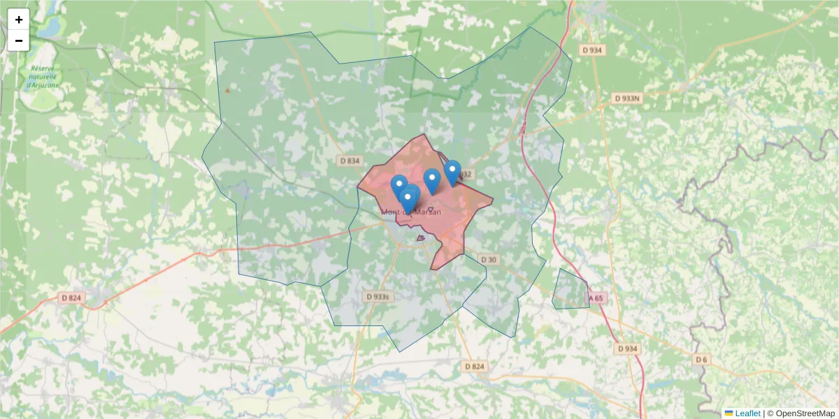 Carte de la zone du code postal  et des codes postaux voisins en France