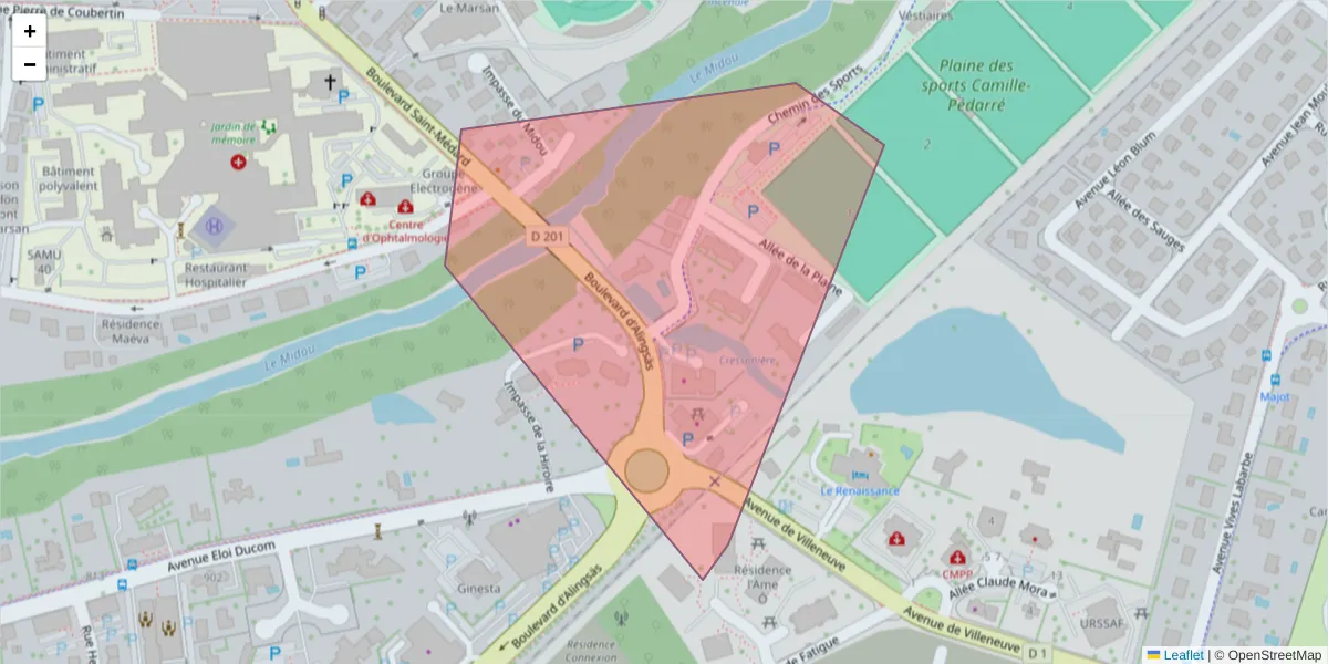 Carte de la zone du code postal  et des codes postaux voisins en France