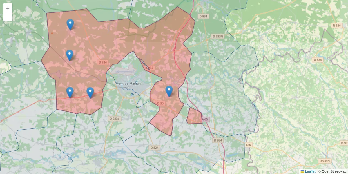 Carte de la zone du code postal  et des codes postaux voisins en France